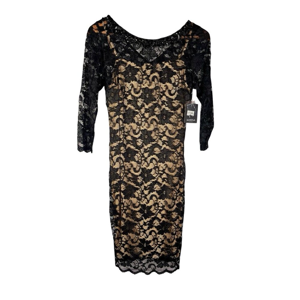 MARINA Women's Black Nude Lace 3/4 Sleeve Beaded Neck Bodycon Cocktail Dress NWT